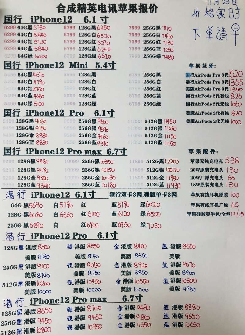 2020年11月23日 苹果12全系列 12/Pro/max /mini 渠道报价 深圳手机批发报价表